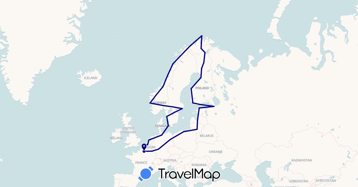 TravelMap itinerary: driving in Belgium, Germany, Denmark, Estonia, Finland, France, Lithuania, Luxembourg, Latvia, Netherlands, Norway, Poland, Russia, Sweden (Europe)